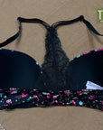 Victoria's Secret Wired Bra Black Printed Flower Red Lace Trap Back 32D
