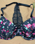 Victoria's Secret Wired Bra Black Printed Flower Red Lace Trap Back 32D