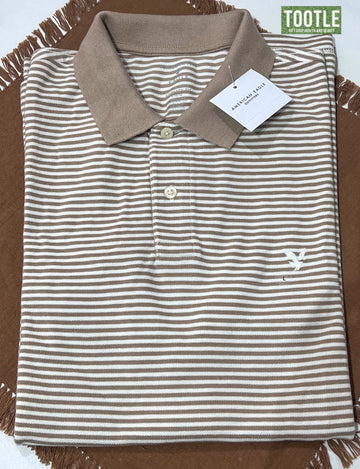 American Eagle Polo Shirt Khaki Stripe Large