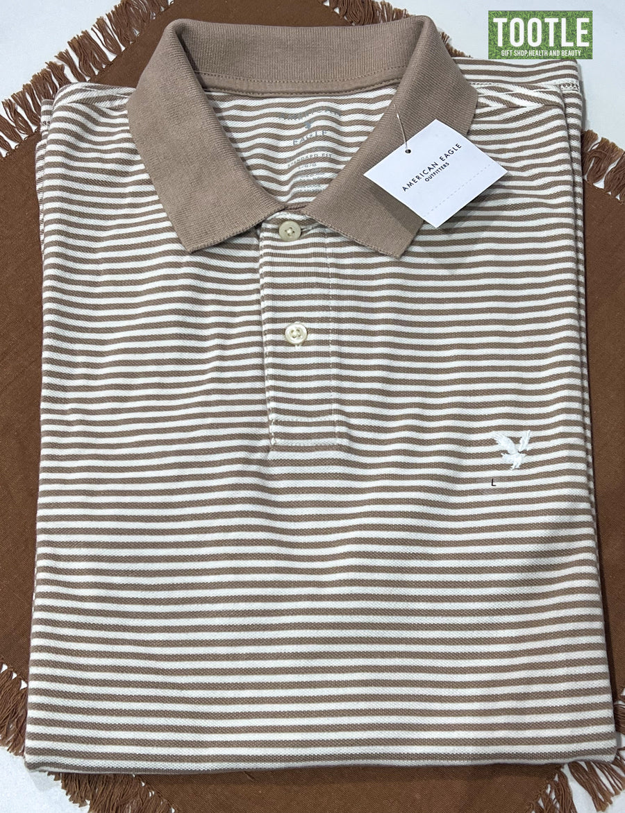 American Eagle Polo Shirt Khaki Stripe Large