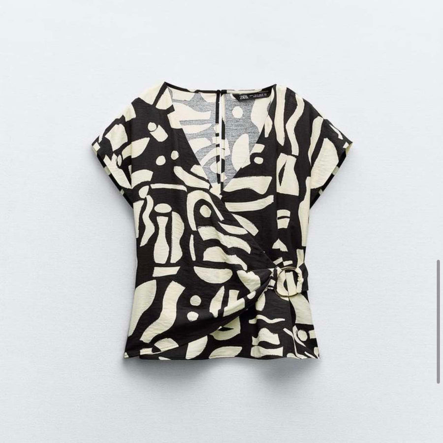 Zara Abstract Blouse Black and Cream Size XS