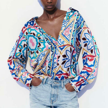 Zara Long Sleeves Printed Mustard Blue Size Large