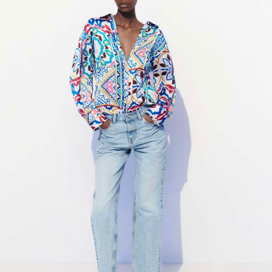 Zara Long Sleeves Printed Mustard Blue Size Large