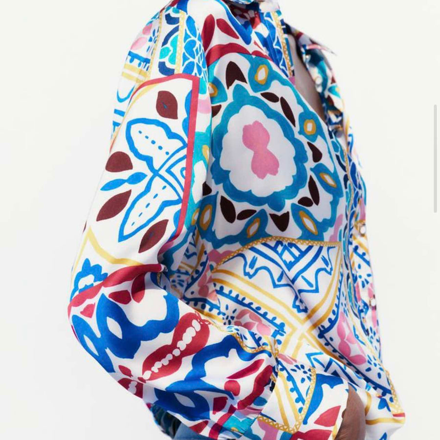 Zara Long Sleeves Printed Mustard Blue Size Large