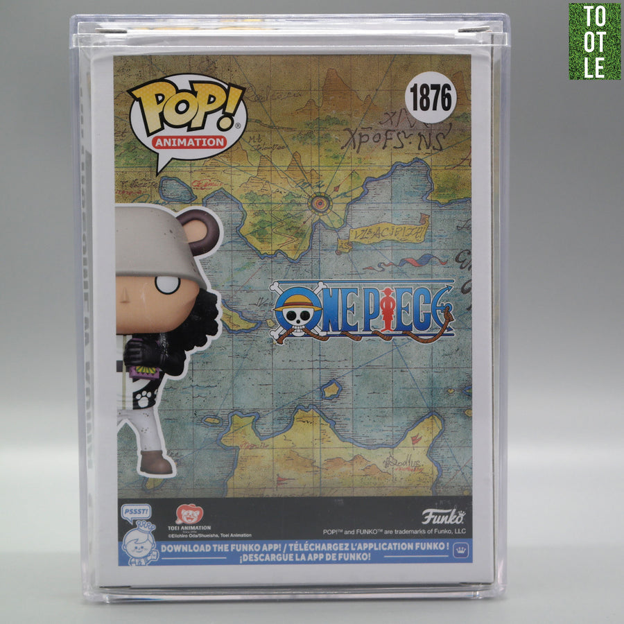 Funko Pop! vinyl figure packaging with a map-themed background featuring One Piece branding.