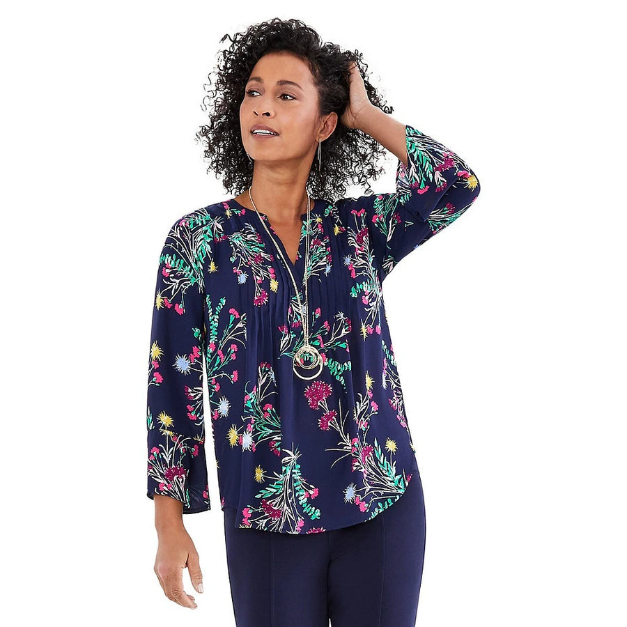 Pin Tuck Blouse Floral Blue Medium