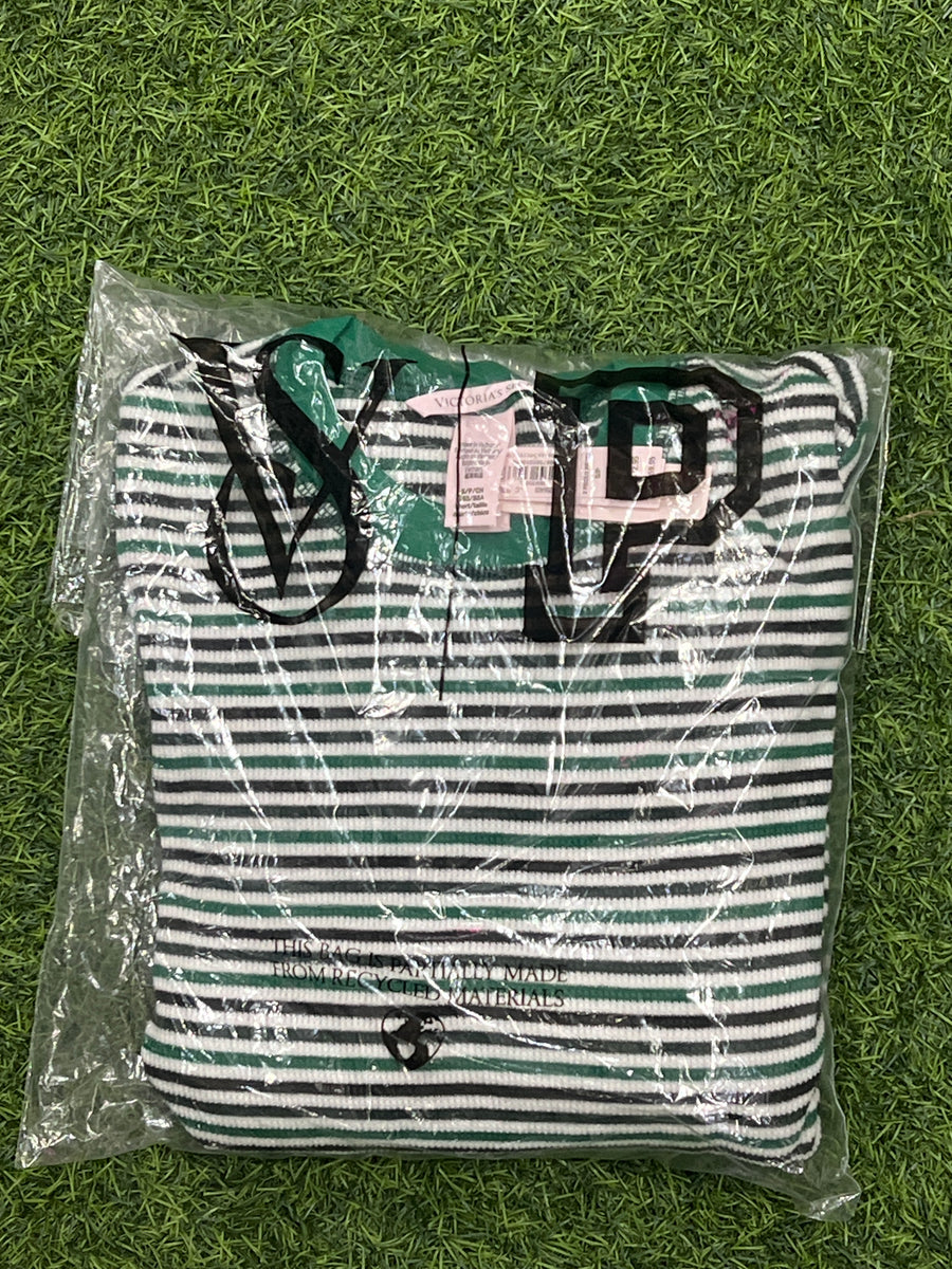 Victoria's Secret Thermal Long PJ Pajama Set Green Stripe Small Regular